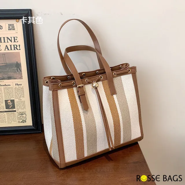 【Rosse Bags】條紋大容量手提肩背托特包(現+預  卡其色 / 紅色 / 藍色 / 黑色)