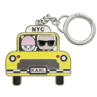 【KARL LAGERFELD 卡爾】紀念款老佛爺貓咪計程車吊飾鑰匙圈(銀)