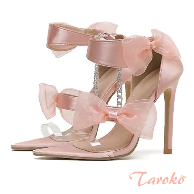 【Taroko】綢緞蝴蝶結透膚鍊條尖頭高跟涼鞋(4色可選)