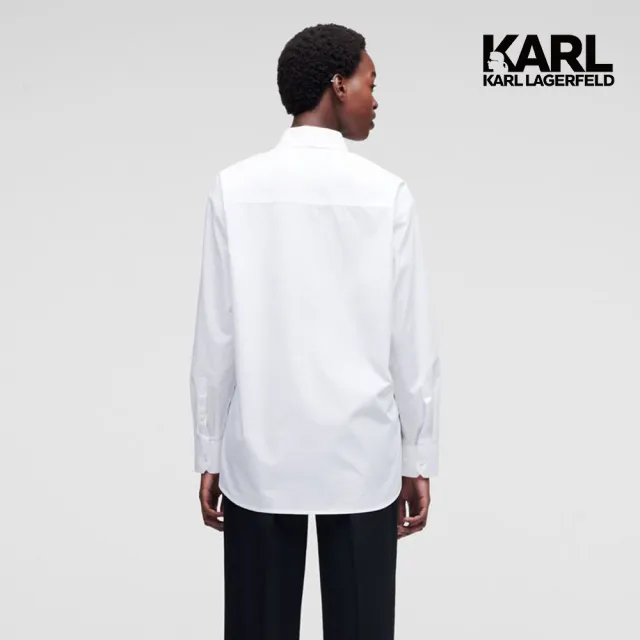 【KARL LAGERFELD 卡爾】條紋印花圍兜領襯衫-白(藍白條紋/兜領/有機棉襯衫)