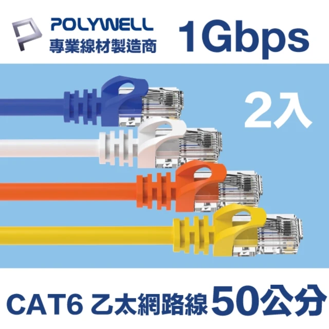 POLYWELL CAT6 乙太網路線 UTP 1Gbps/1000Mbps 50公分 [2入](適合ADSL/MOD/Giga網路交換器/無線路由器)