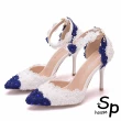 【Sp house】白藍拼色花朵蕾絲尖頭細高跟鞋(白藍色跟高可選)