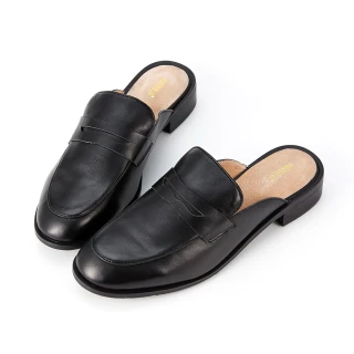 【HERLS】穆勒鞋-全真皮便仕樂福低跟穆勒鞋(黑色)