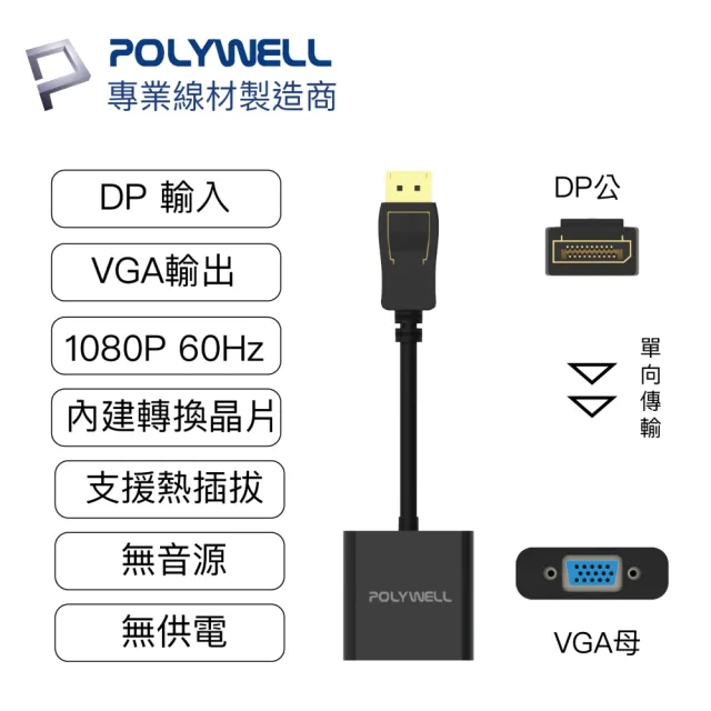 【POLYWELL】DP轉VGA 訊號轉換器 公對母 1080p(台製晶片 訊號穩定 適配性高)