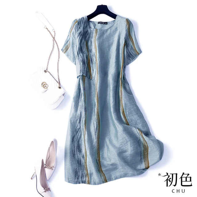 【初色】涼爽透氣棉麻風印花連身裙洋裝-藍色-61716(M-2XL可選)
