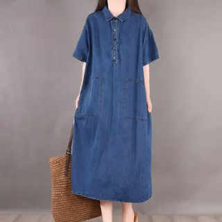 【ACheter】韓版寬鬆大碼顯瘦牛仔洋裝#112581現貨+預購(藍色)