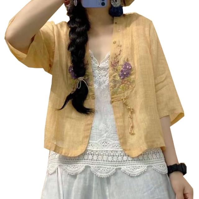 【ACheter】夏季民族風盤扣V領棉麻刺繡七分袖V領短版寬鬆罩衫外套上衣#112460現貨+預購(5色)