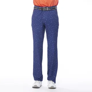 【Lynx Golf】男款吸溼排汗彈性舒適滿版英文字體印花設計平口休閒長褲(深藍色)