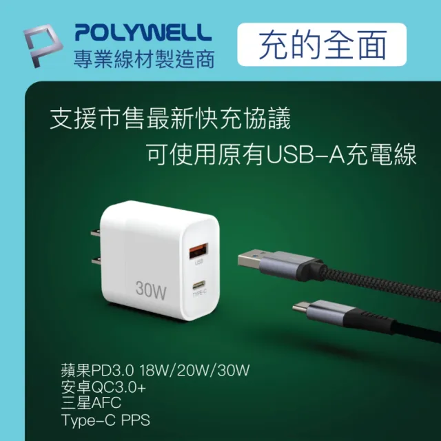 【POLYWELL】30W雙孔快充組 Type-A/C充電器+Type-C 3A快充高速傳輸線 BRAID版 1M(適用於安卓快充設備)