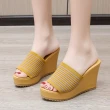 【Taroko】百搭條紋彈性布料坡跟一字拖鞋(3色可選)