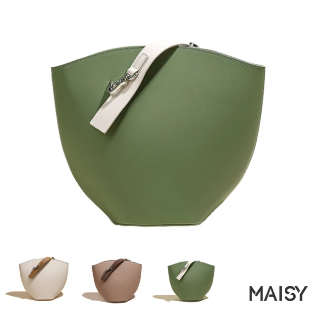 【MAISY】真皮時尚設計簡約水桶包(現+預  卡其色／綠色／米色)