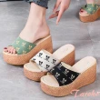 【Taroko】潮流印花童趣夏季坡跟拖鞋(3色可選)