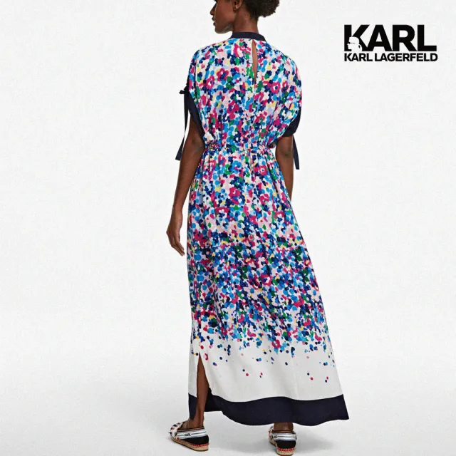 【KARL LAGERFELD 卡爾】印花款百摺長洋裝(圓領/兩個前袋/鈕扣開合/雙側開衩/繫帶搭配)