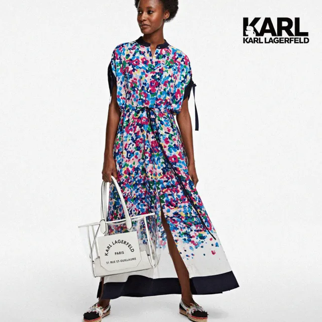 【KARL LAGERFELD 卡爾】印花款百摺長洋裝(圓領/兩個前袋/鈕扣開合/雙側開衩/繫帶搭配)