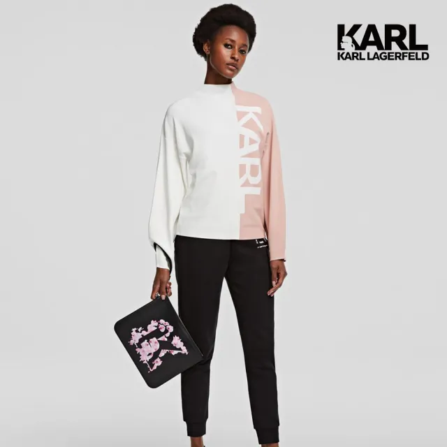 【KARL LAGERFELD 卡爾】澎袖KARL毛衣-粉(簡約品牌Logo/輕質針織/經典雙色設計)