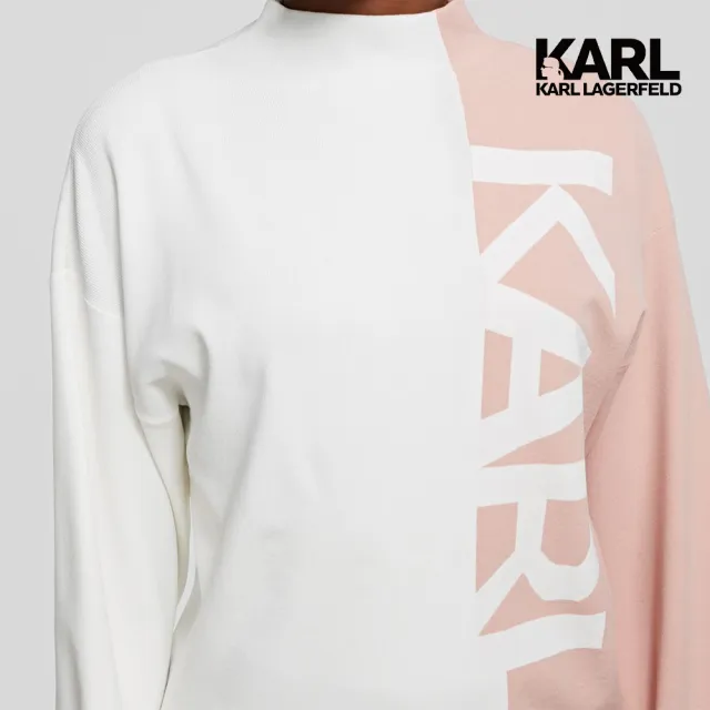【KARL LAGERFELD 卡爾】澎袖KARL毛衣-粉(簡約品牌Logo/輕質針織/經典雙色設計)