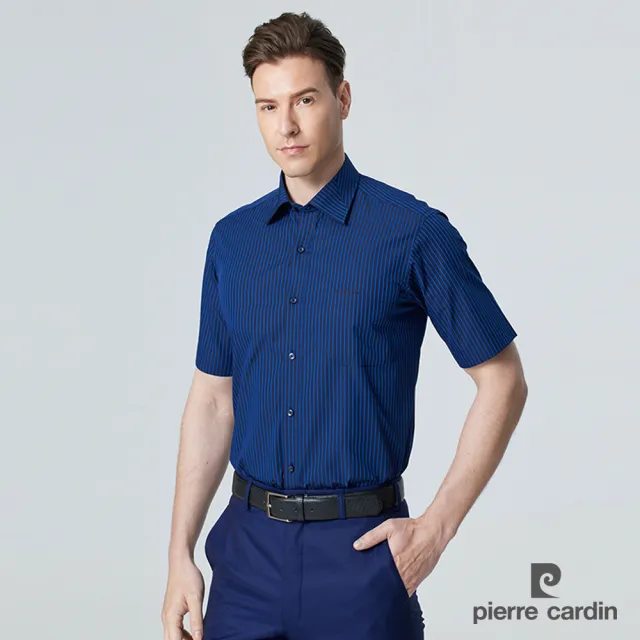 【pierre cardin 皮爾卡登】男襯衫 純棉柔軟親膚商務休閒條紋短袖襯衫_黑藍條(52218-39)