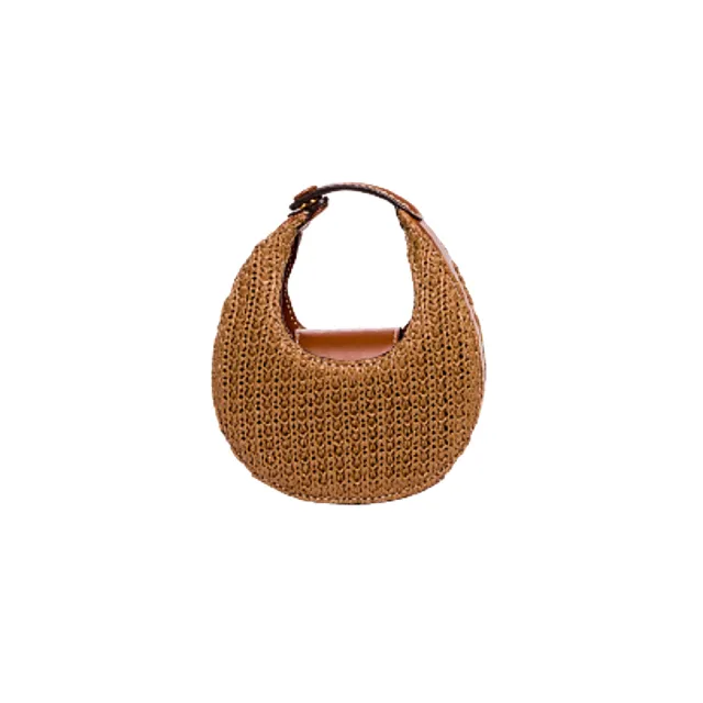 【STAUD】RAFFIA MICRO MOON 迷你皮革、草編手提包/側背包(棕色)