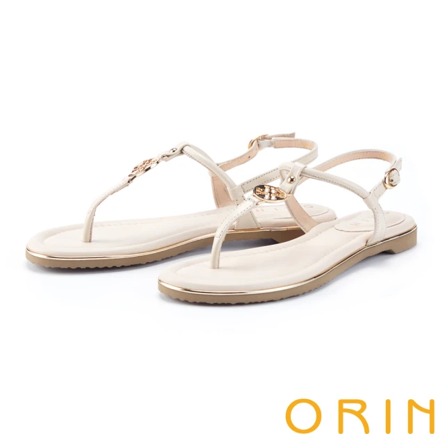【ORIN】造型圓飾真皮鑲金平底夾腳涼鞋(米色)