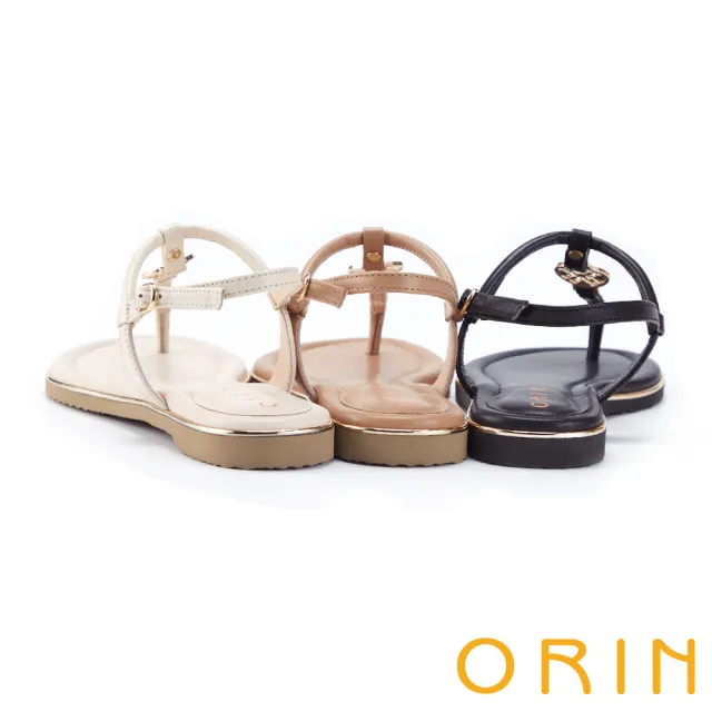 【ORIN】造型圓飾真皮鑲金平底夾腳涼鞋(黑色)