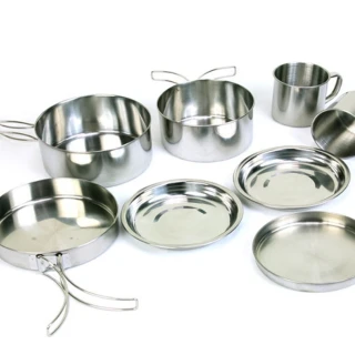 【ROYAL LIFE】不鏽鋼8件杯碗鍋餐具組-2入組(露營餐具 戶外烹飪 野炊餐具 野營炊具用品)