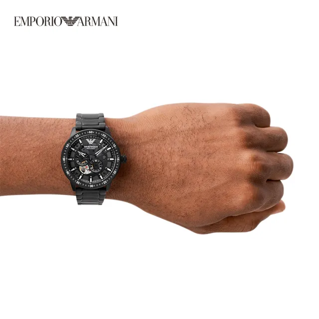 【EMPORIO ARMANI 官方直營】Mario 沉穩實搭鏤空機械手錶 黑色不鏽鋼鍊帶 43MM AR60054