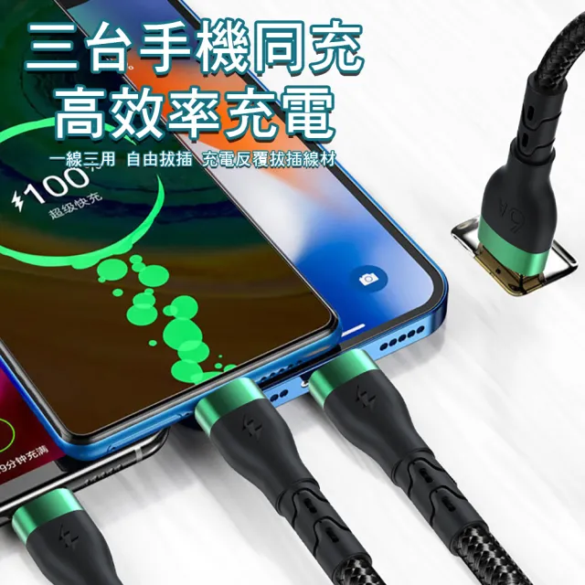 【翊承】6A66W超級快充發光三合一編織一米快充線(Lightning /TYPE-C/ Micro USB)