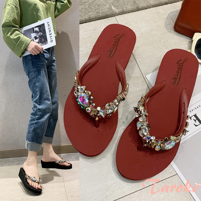【Taroko】水晶炫彩晶鑽夏季平底夾腳拖鞋(8色可選)