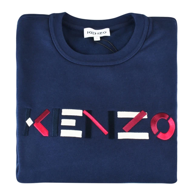 【KENZO】KENZO彩色刺繡LOGO純棉長袖大學T恤(女裝/深藍)