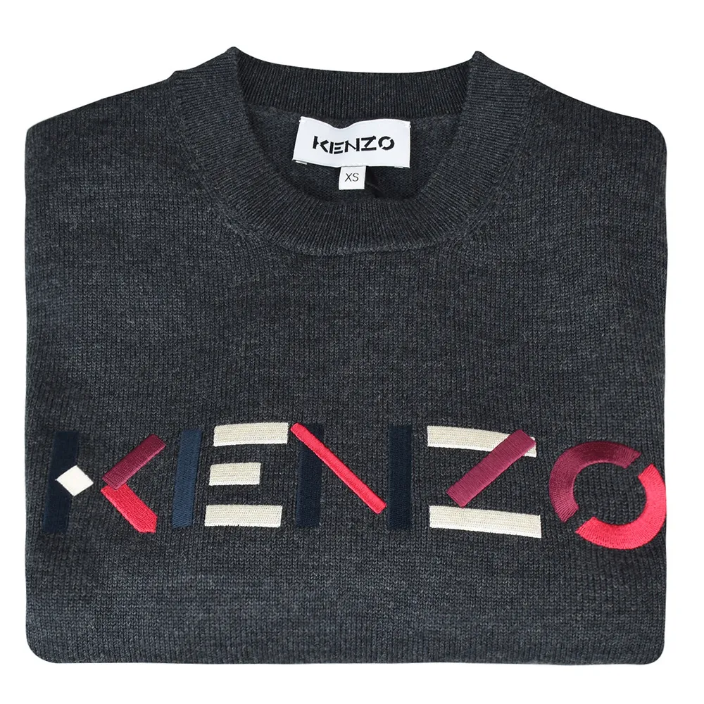 【KENZO】KENZO彩色刺繡LOGO羊毛長袖毛衣(裝/深灰)