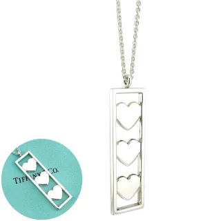 【Tiffany&Co. 蒂芙尼】925純銀-三個愛心長型吊牌墜飾項鍊(展示品)