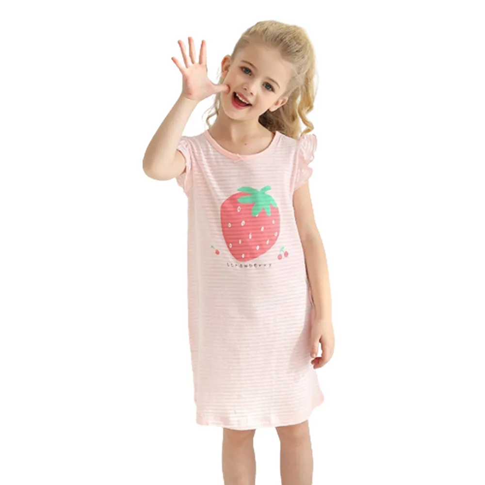 【橘魔法】草莓 跳舞兔子條紋小飛袖連身裙 (洋裝 連衣裙 大童 居家服 睡裙 睡衣 童裝 女童)