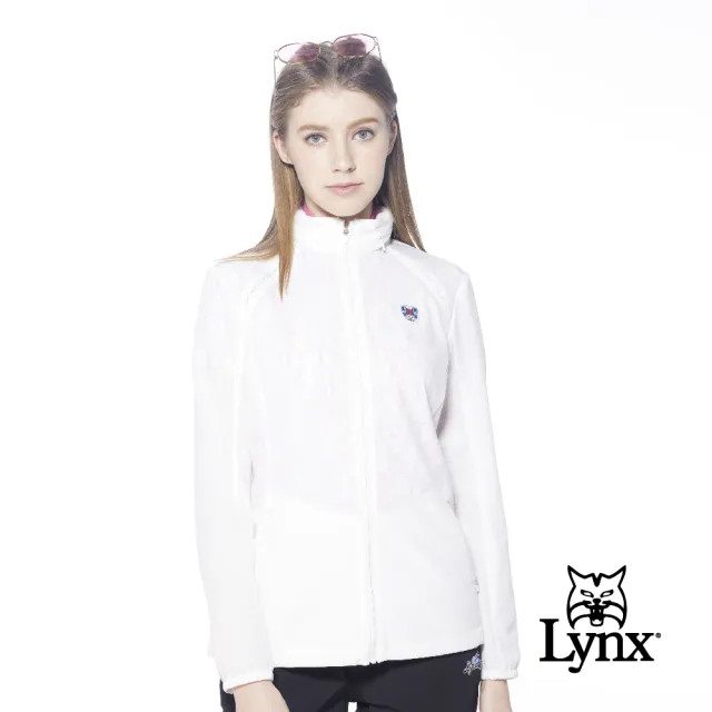 【Lynx Golf】女款吸濕快乾透氣易溶紗拉鍊口袋Lynx繡標可收式連帽長袖外套(白色)