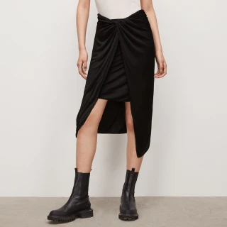 【ALLSAINTS】ARA SAMI 舒適扭結不對稱中長裙-黑 WS021V(貼身版型)