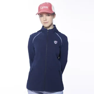 【Lynx Golf】女款吸濕快乾透氣易溶紗拉鍊口袋Lynx繡標可收式連帽長袖外套(深藍色)
