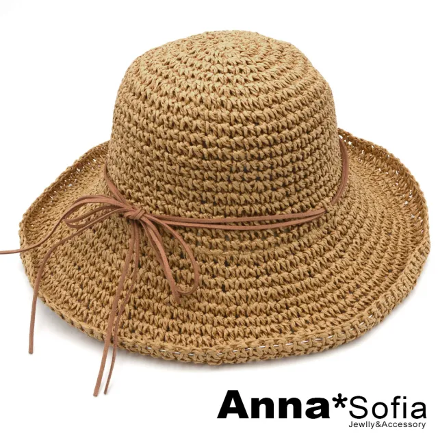 【AnnaSofia】298均一價 遮陽帽防曬帽淑女帽網美渡假草帽海灘帽漁夫帽-捲邊雙麂繩綁結 現貨(駝系)