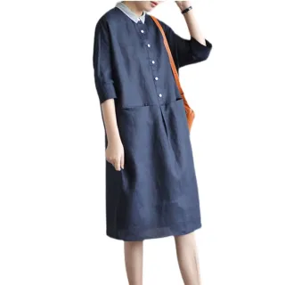 【ACheter】棉麻休閒文藝大碼寬鬆洋裝#112580現貨+預購(藍色)