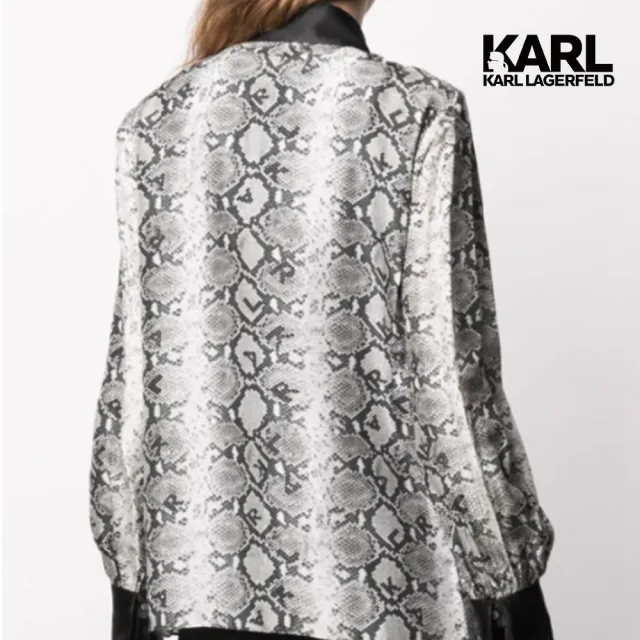 【KARL LAGERFELD 卡爾】刺繡蛇紋絲質襯衫(黑白絲綢/刺繡蛇紋風/系扣領/絲質襯衫)