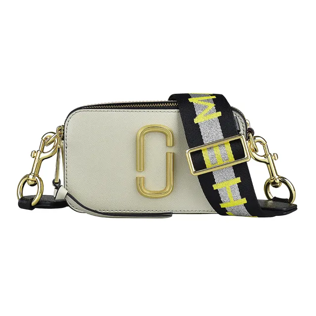 【MARC JACOBS】MARC JACOBS  Snapshot金字LOGO防刮牛皮拼色雙層拉鍊斜背相機包(塵灰x米x粉色)