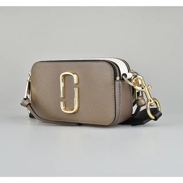 【MARC JACOBS】MARC JACOBS  Snapshot金字LOGO防刮牛皮拼色雙層拉鍊斜背相機包(法國灰x褐x白)