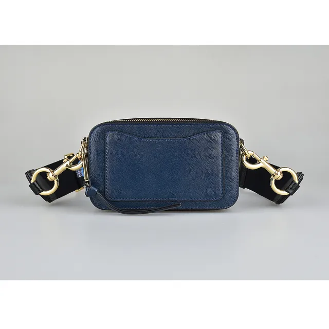 【MARC JACOBS】MARC JACOBS  Snapshot金字LOGO防刮牛皮拼色雙層拉鍊斜背相機包(新海藍x黑x灰)