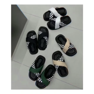 【Taroko】交錯格紋撞色方頭厚底拖鞋(4色可選)