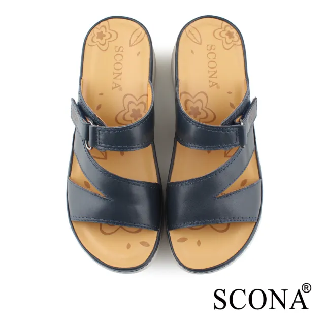 【SCONA 蘇格南】真皮 簡約舒適厚底加州涼拖鞋(藍色 31149-2)