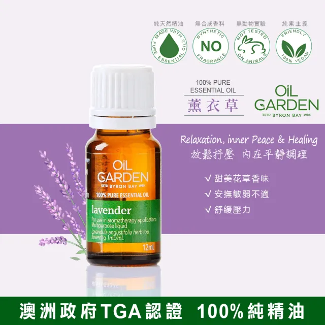 即期品【OiL GARDEN】TGA認證100%純精油12ml(綠薄荷/葡萄柚/薰衣草/苦橙葉/天竺葵效期2025/11後)