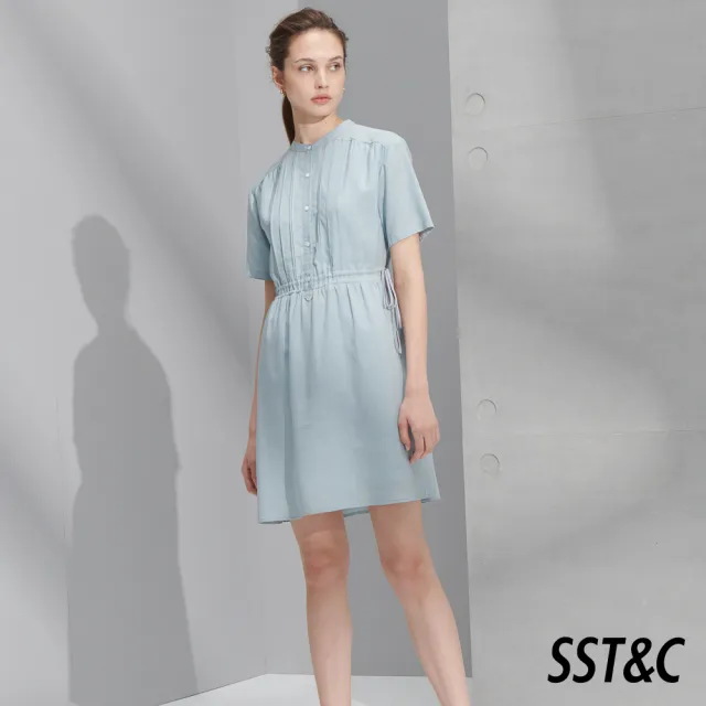 【SST&C】女裝 粉彩藍抽繩仿麻感短袖休閒洋裝8562205004(雙11精選)