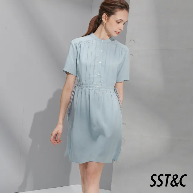 【SST&C】女裝 粉彩藍抽繩仿麻感短袖休閒洋裝8562205004(限時3折)