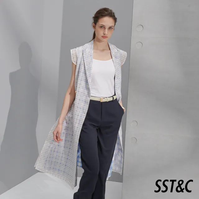 【SST&C】女裝 淺卡其格紋西裝領開襟長洋裝8562205001(雙11精選)