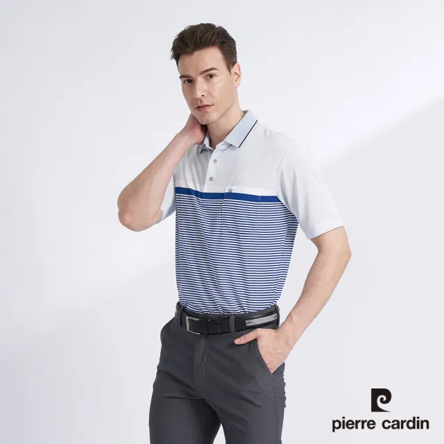 【pierre cardin 皮爾卡登】商務休閒 男款 吸濕排汗定位橫條短袖POLO衫-藍色(5227292-36)