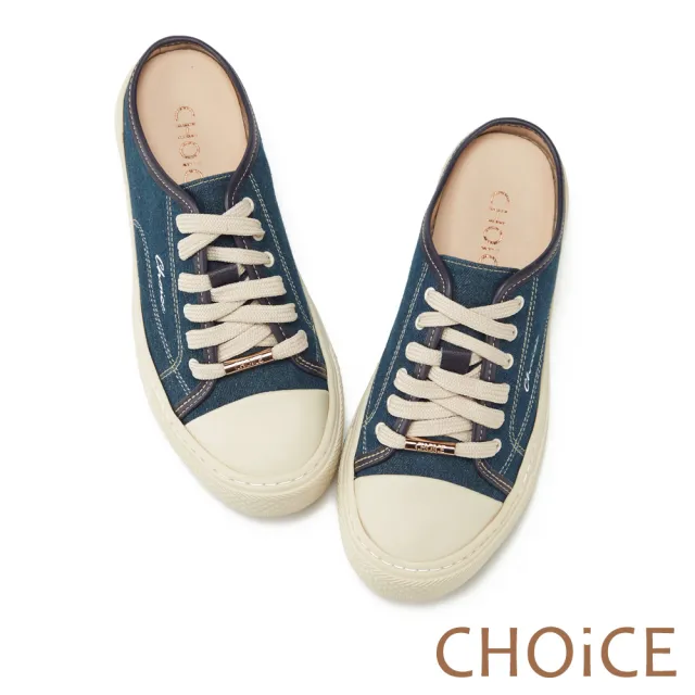 【CHOiCE】雙材質綁帶厚底穆勒休閒鞋(藍色)