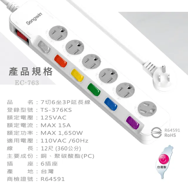 【台灣製造 新版安規】7切6座延長線/旋轉式插座防塵保護蓋/15A 1650W(12尺/360CM)